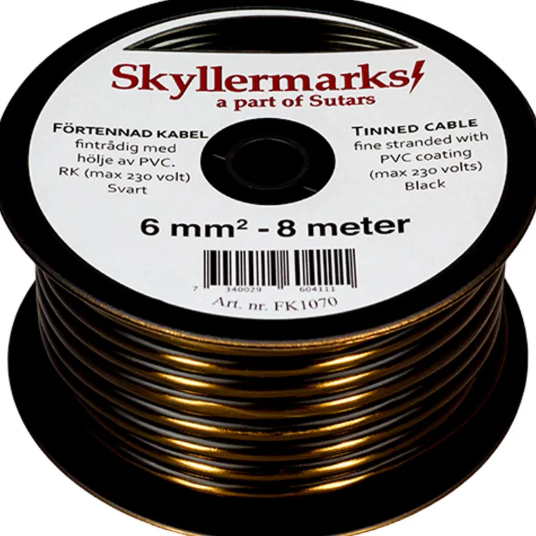 Minirulle Förtent PVC-kabel, Svart, 6 mm², 8m