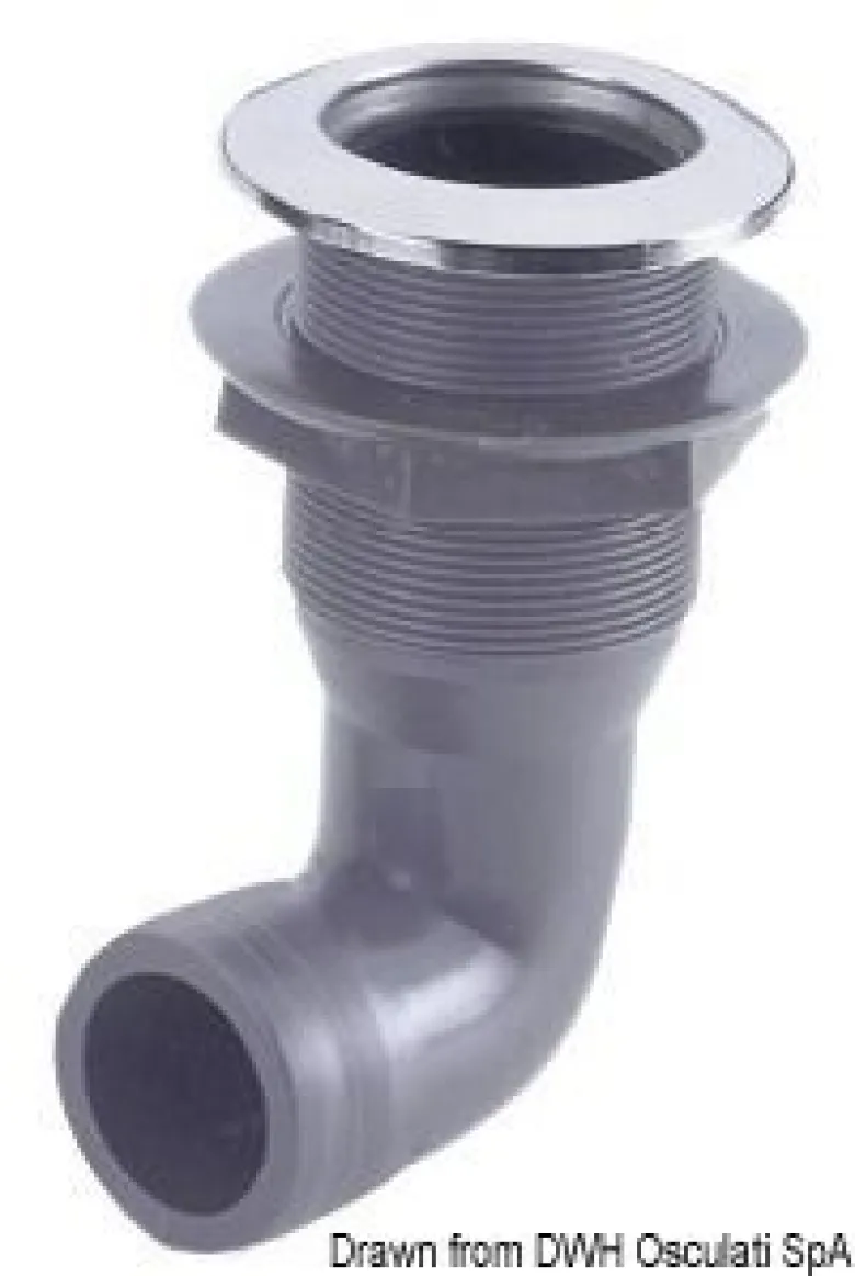 Skrovgenomföring i nylon 3/4" 20mm, front i rostfritt stål, 90° adapter