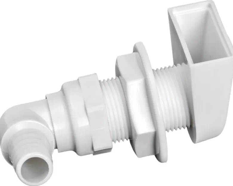 Vit skrovgenomföring i plast 90° 1" x 19 mm